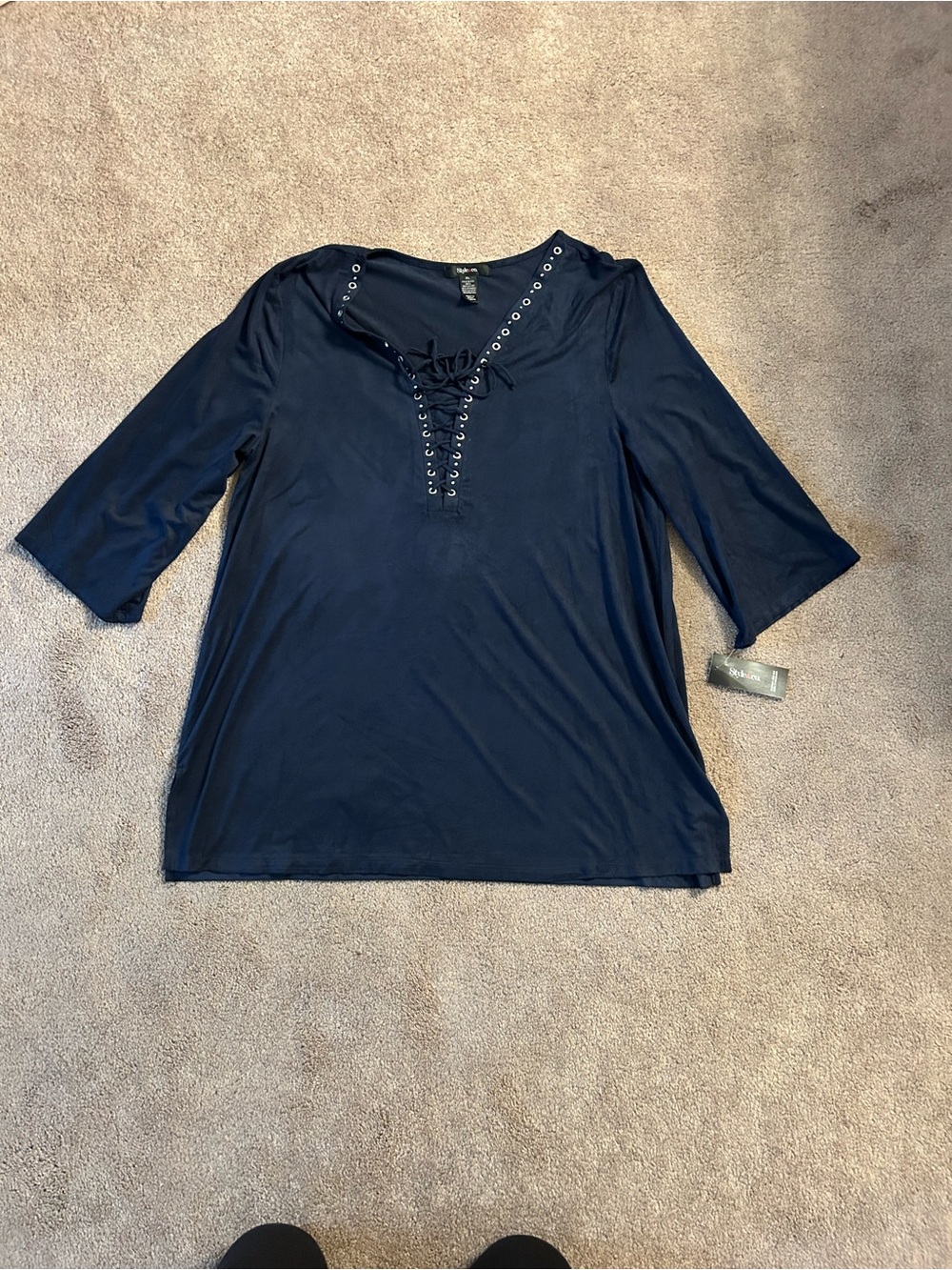 Alfred Dunner Navy Three-Quarter Sleeve Boatneck Top